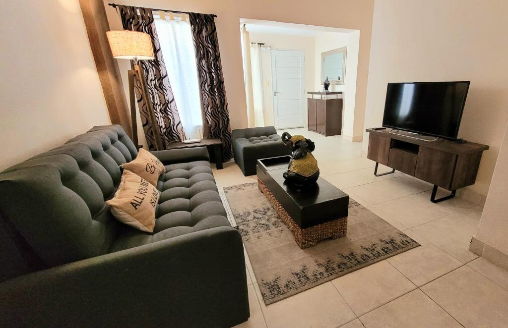 uma sala de estar com um sofá e uma televisão em Victorino House en el Cerro de las Rosas con cochera em Córdova