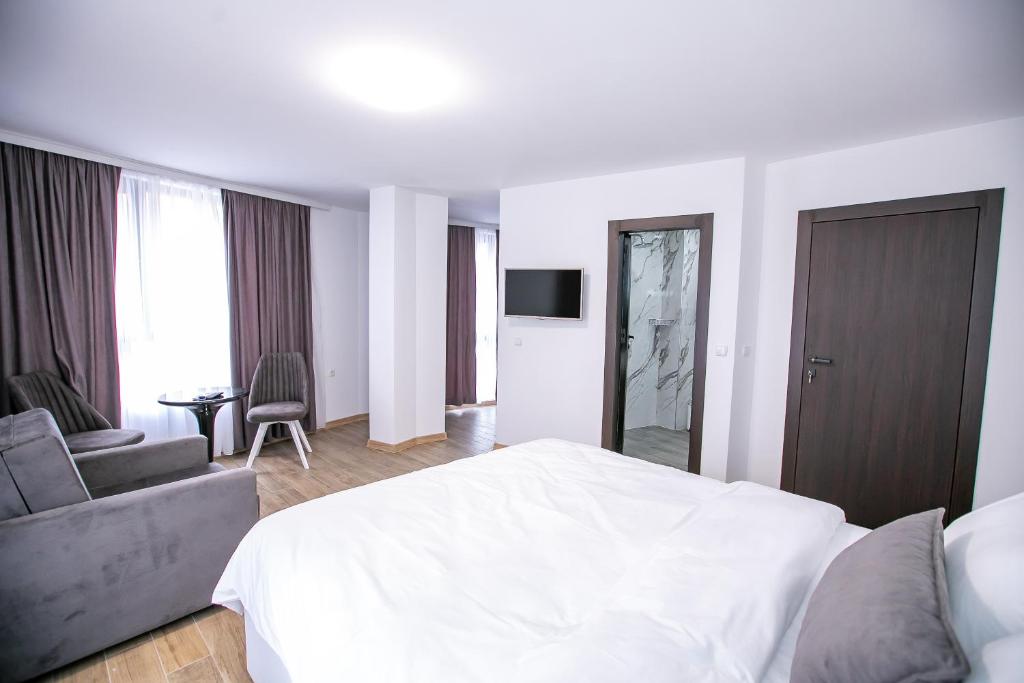 een slaapkamer met een bed, een bank en een televisie bij Apartments Monik Sandanski in Sandanski