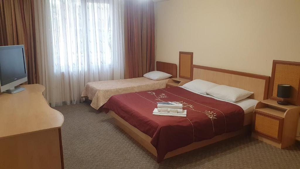 a hotel room with two beds and a television at Laguna Plus in Utes