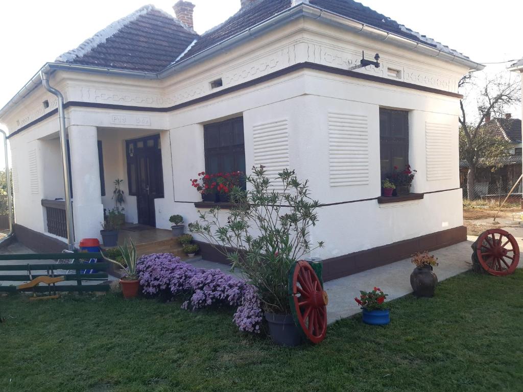 a white house with flowers in the yard at Seosko turističko domaćinstvo Stojković in Aleksinac