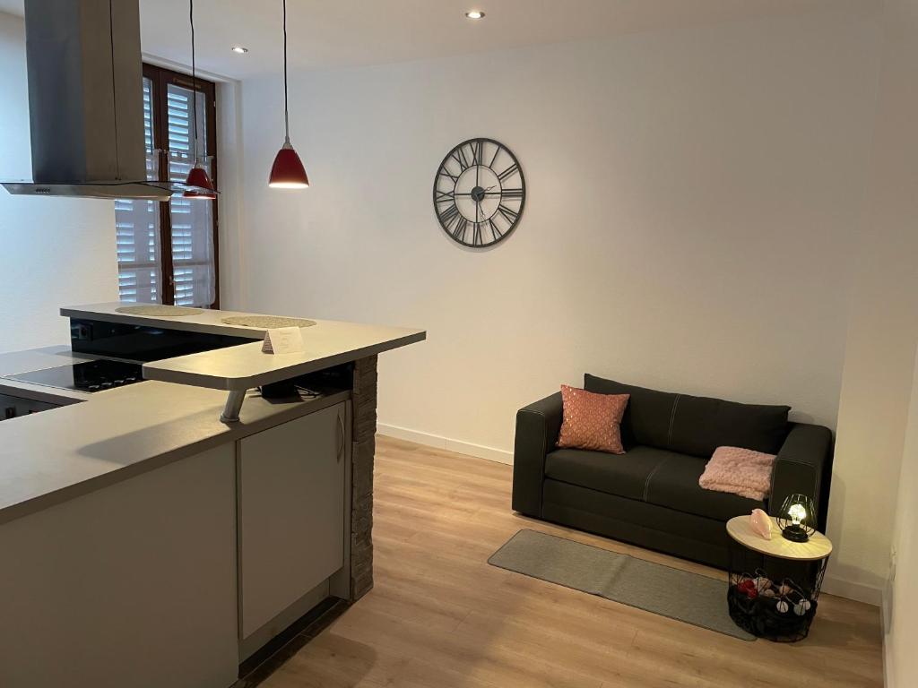 un salon avec un canapé et une horloge au mur dans l'établissement Chaleureux F2 dans l’hypercentre colmarien, à Colmar