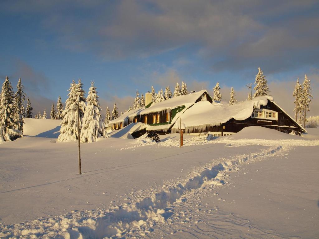una casa cubierta de nieve frente a los árboles en Lesní Bouda, en Pec pod Sněžkou