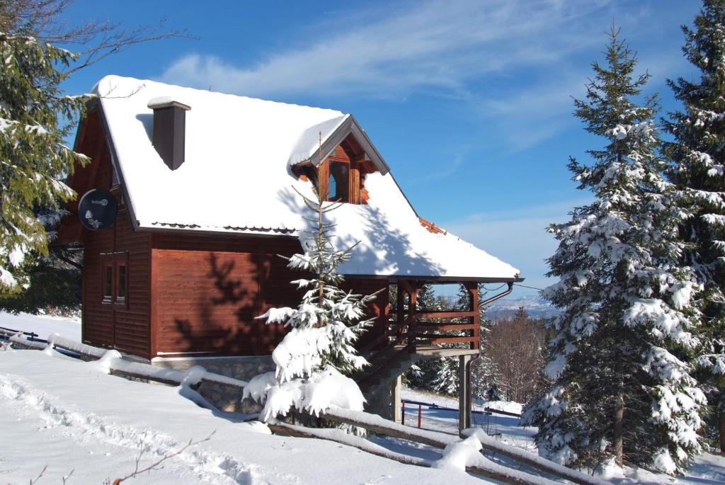 eine Hütte im Schnee mit schneebedeckten Bäumen in der Unterkunft Holiday home Drveni Kutak in Sekulić 