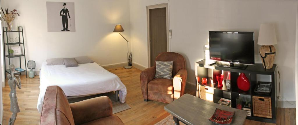 a living room with a bed and a television at Bel appartement indépendant centre de Magny-Cours avec parking in Magny-Cours