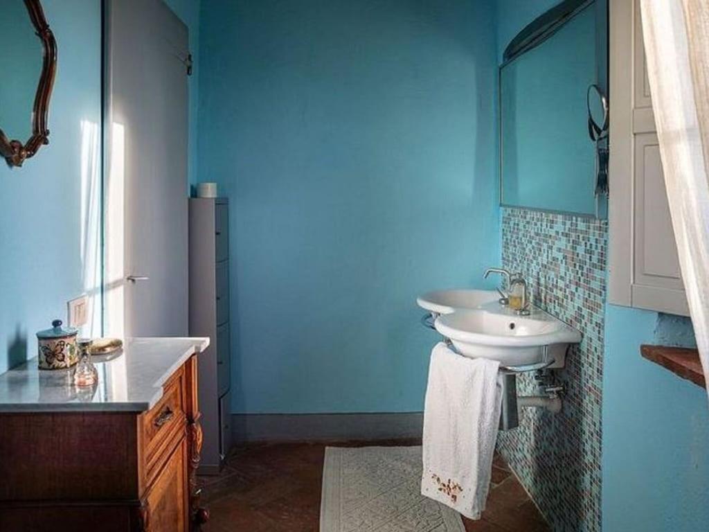 Łazienka z białą umywalką i niebieską ścianą w obiekcie Holiday House in Montelupo Florentino w mieście Montelupo Fiorentino