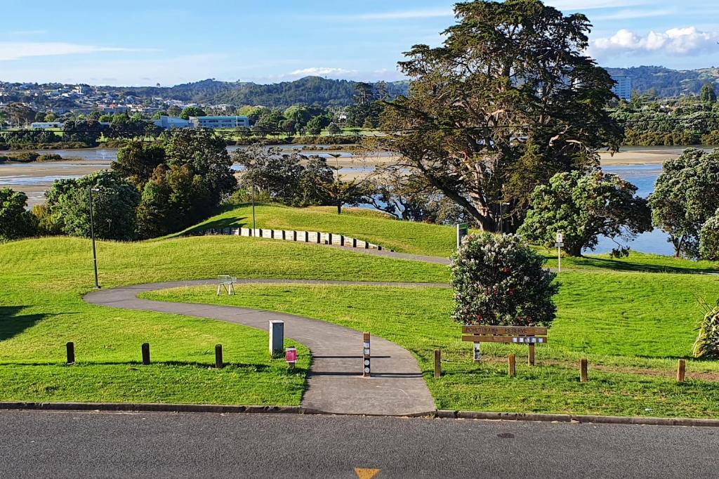 a winding road in a field with a tree and water at Pohutukawa Lodge by Orewa Beach in Orewa