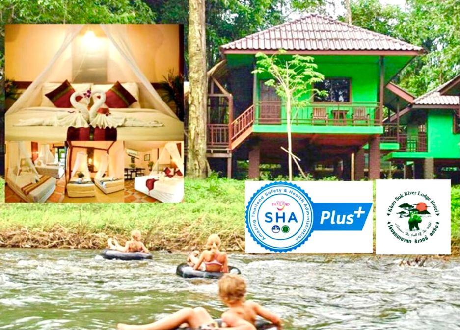 dos fotos de niños en el agua frente a una casa en Khao Sok River Lodge Hotel, en Khao Sok