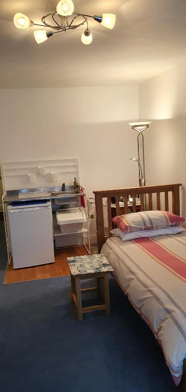 a bedroom with a bed and a table in it at Garden Room in Plymouth