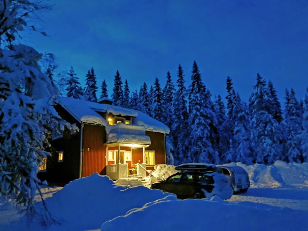 una cabina nella neve di notte di Sågen - Great wildlife, no neighbours, large house a Särna