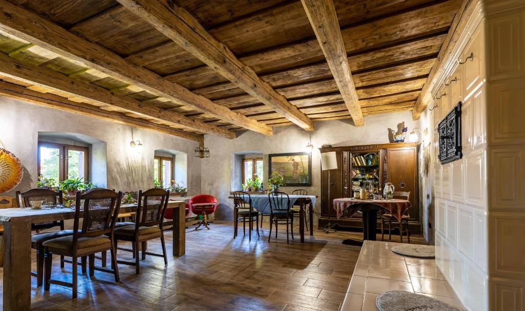 a dining room with wooden ceilings and tables and chairs at GAJRAJ in Radków