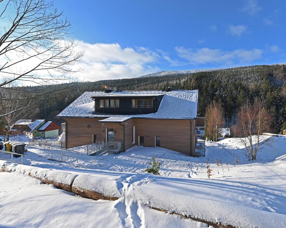 a house in the snow with snow covered ground at Vetrnik Depandance Hotelu Jirinka in Dolní Morava