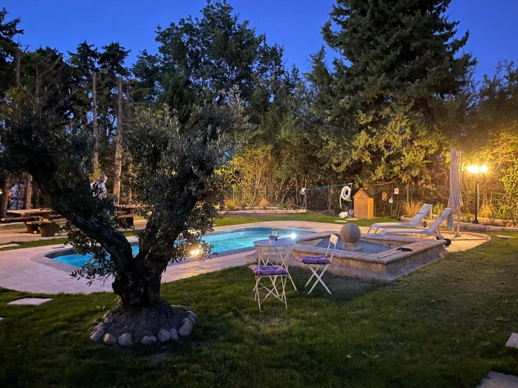 a pool with a table and chairs next to a tree at Mas de la Sacristière in Jonquerettes