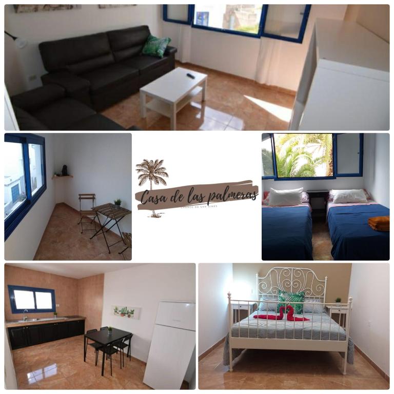 a collage of photos of a living room and a bedroom at la casa de las palmeras in Arrecife
