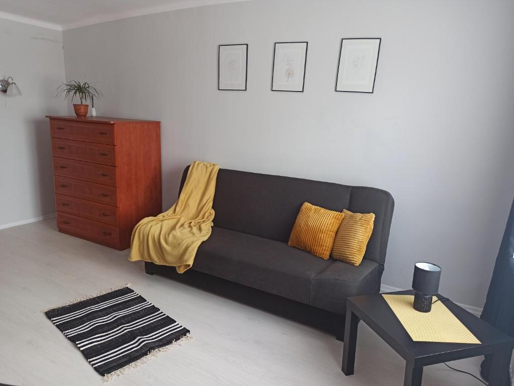 a living room with a couch and a table at Apartament Mariacka Two in Bydgoszcz