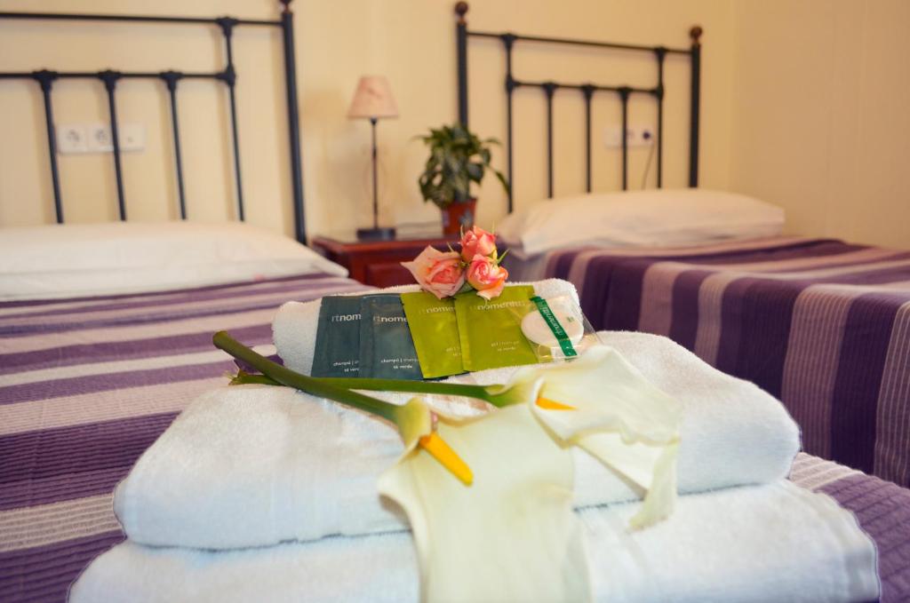 グラナダにあるエル サグアンのホテルルーム ベッド2台、タオル、本付