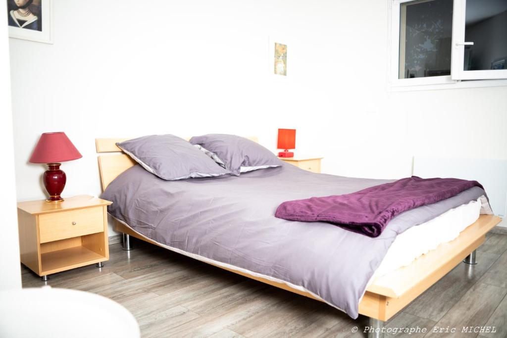 a bed with purple sheets and pillows on it in a bedroom at 1 chambre 14 m2 + SDB + cuisine + Terrasse en jardin pour 2 voyageurs in Trévignin