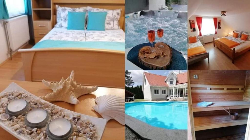 kolaż zdjęć sypialni i basenu w obiekcie Relax Apartman Bükfürdő w Bukfurdo