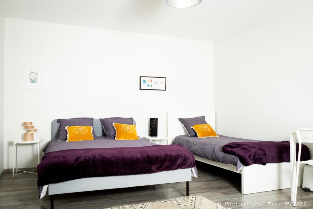 a bedroom with two beds with purple and orange pillows at 1 CHAMBRE 20m2 : 2 lits pour 3 voyageurs +cuisine + terrasse bois en jardin in Trévignin