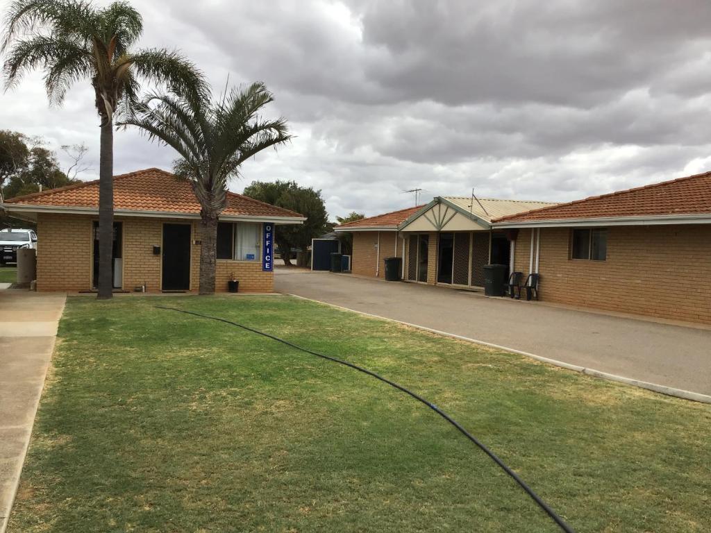 a lawn with palm trees in front of a building at Rhodeside Lodge in Geraldton