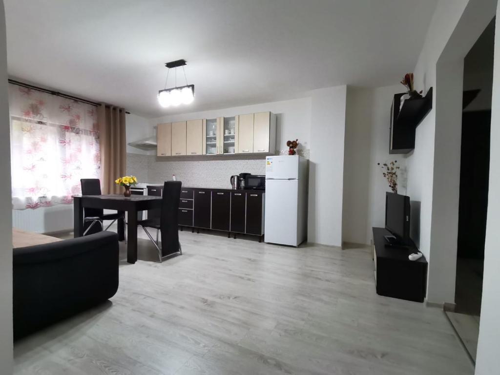 a kitchen with a table and a refrigerator in a room at Mario Apartament regim hotelier in Reşiţa