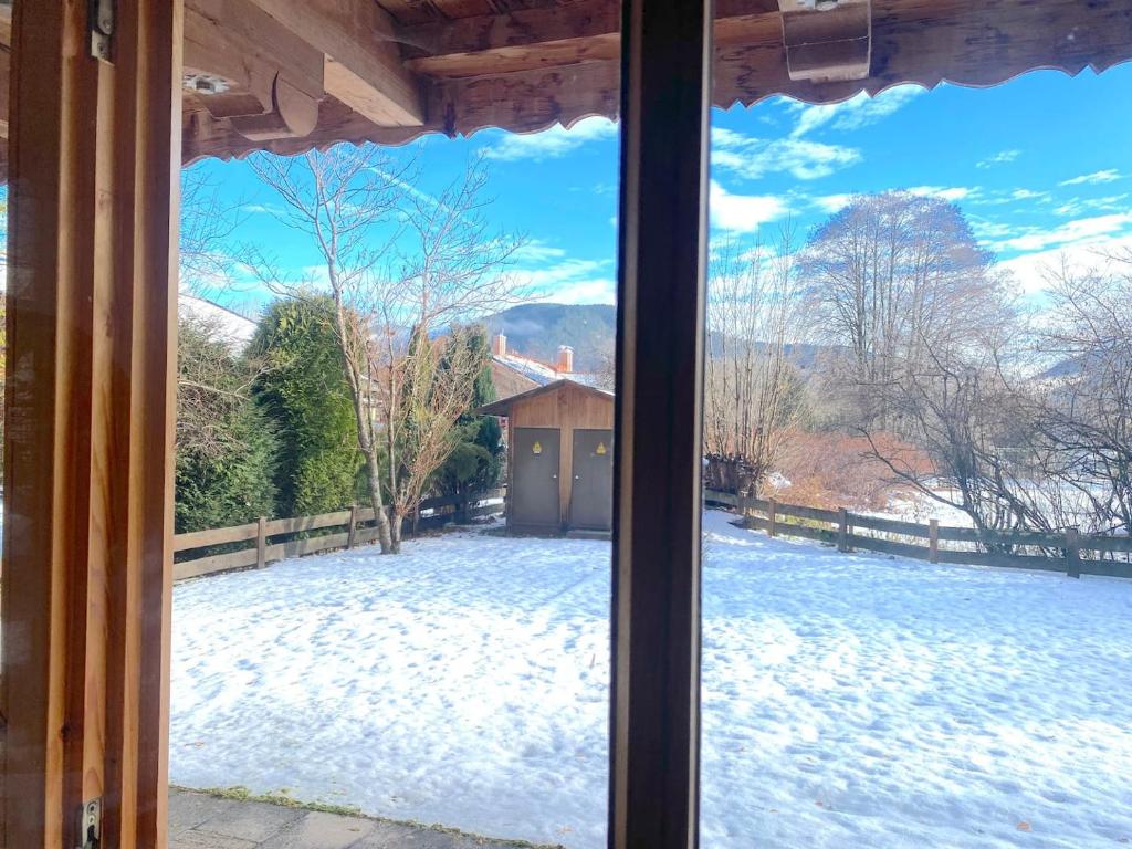 巴特维塞Seeuferresidenz am Adrian Stoop的透过窗户可欣赏到积雪覆盖的庭院的景色