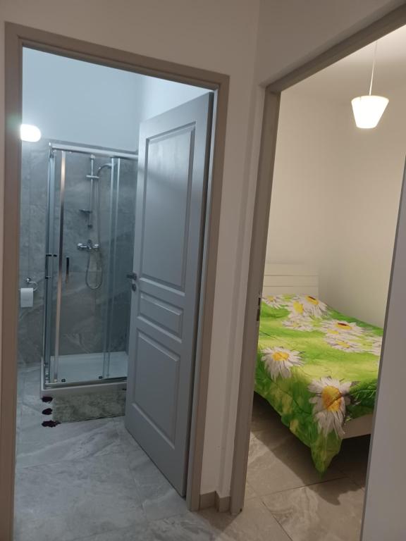 1 dormitorio con ducha, 1 cama y puerta de cristal en Andri' s place en Nea Paphos