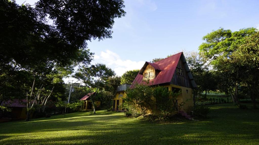 a house with a red roof on a green field at Cabañas Toniná Kayab in Ocosingo