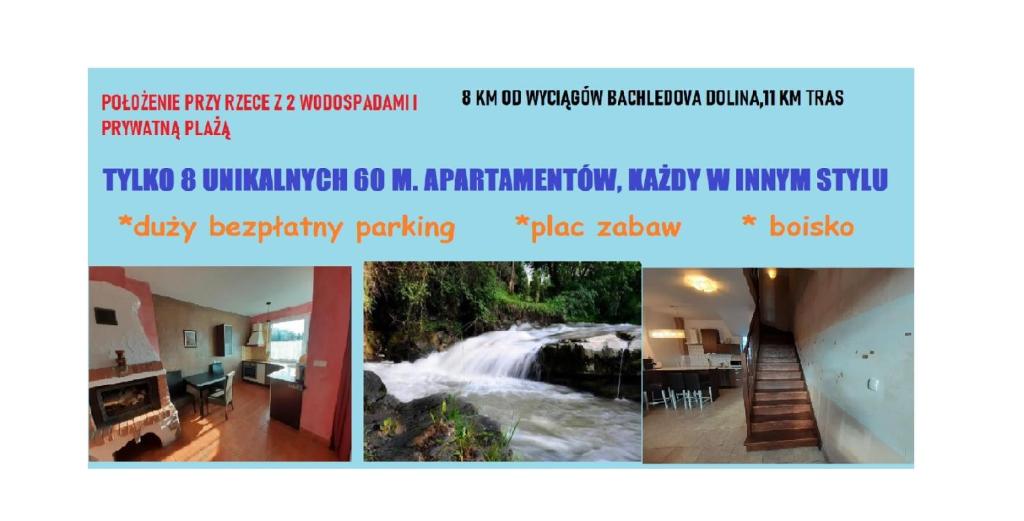 a page of a website for a house with a waterfall at Apartaments Gory in Niedzica Zamek