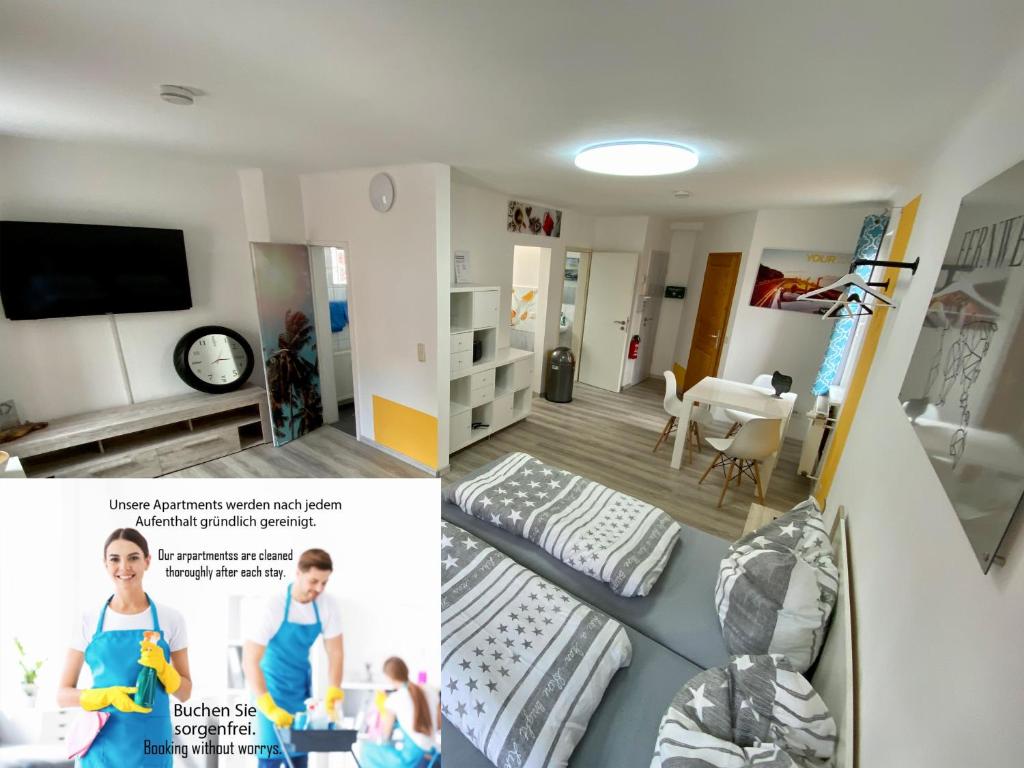 een collage van een slaapkamer en een woonkamer bij Apartment 2P. Balkon Zentral 1.4 in Bad Sooden-Allendorf