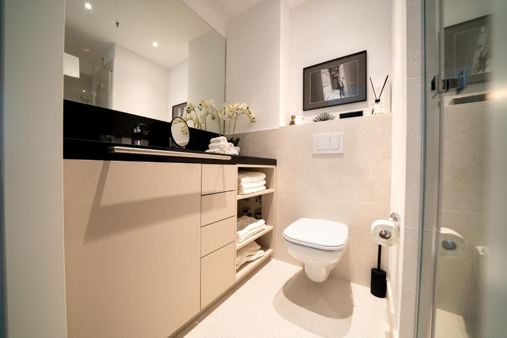 デュッセルドルフにあるLuxury Apartments Düsseldorfの白いバスルーム(トイレ、シンク付)