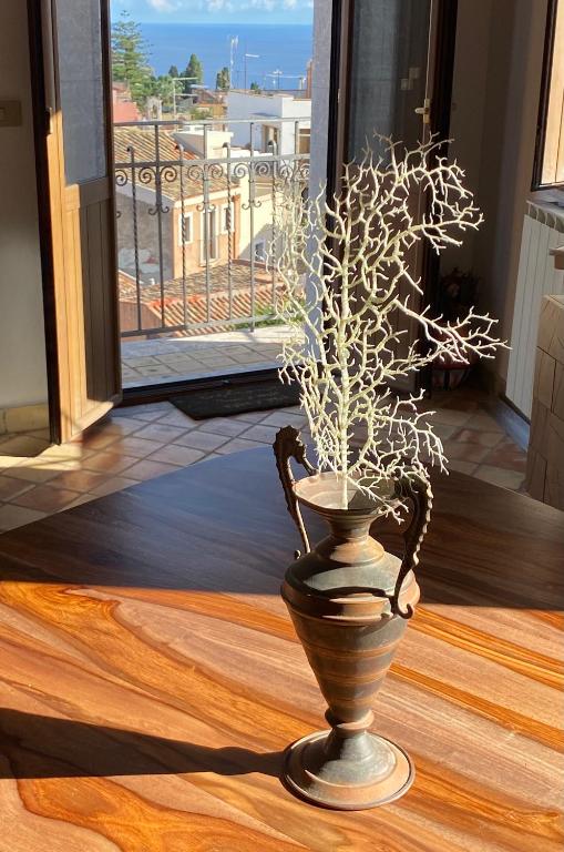 a plant in a vase on a table with a window at Adamas Domus in Taormina