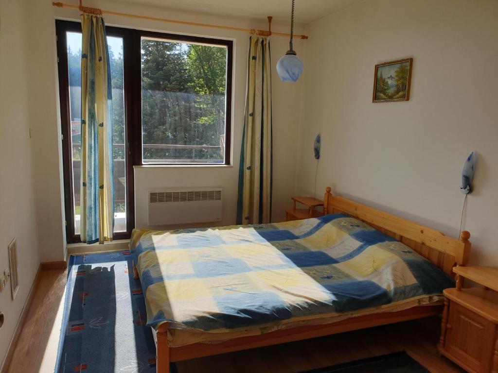a bedroom with a bed and a large window at Снежанка in Pamporovo