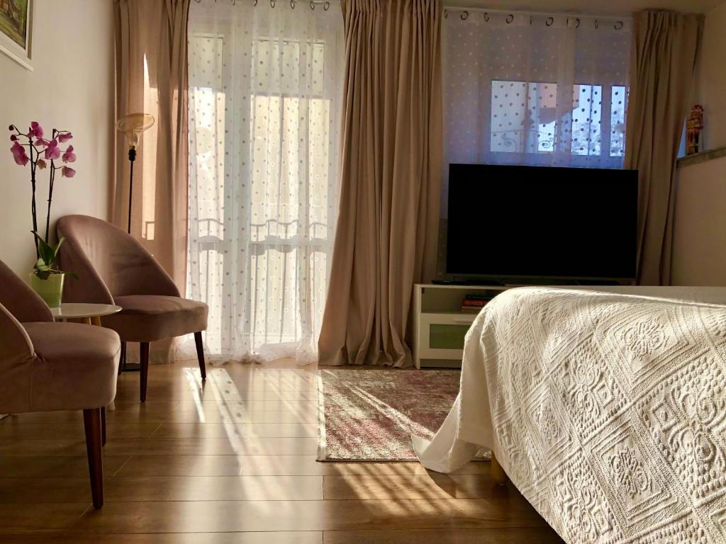 um quarto com uma cama, uma televisão e uma cadeira em Old Town Romantic Apartment. Breslau-Wroclaw. em Breslávia