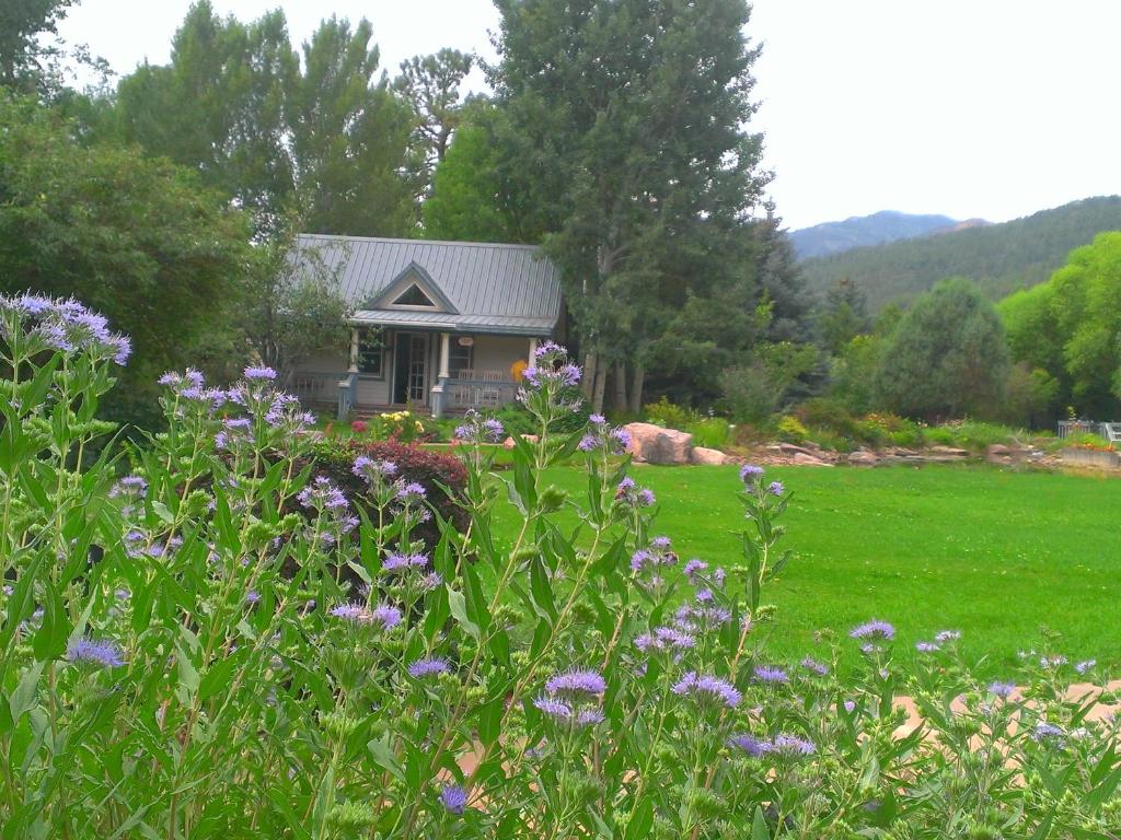 una casa en un campo con flores en primer plano en Apple Orchard Inn, en Durango