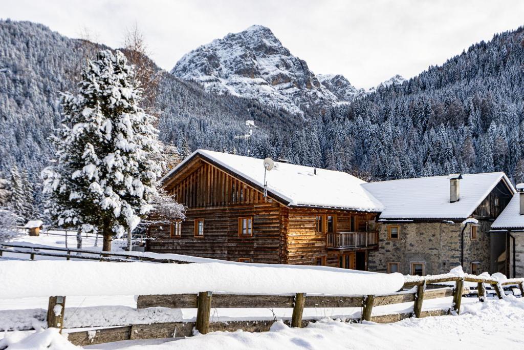 uma cabana de madeira nas montanhas cobertas de neve em Nido del Brenta em Madonna di Campiglio