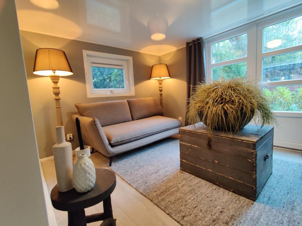 a living room with a couch and a table at 2 -3 persoons chalet in bosrijk park Kempenbos-Duc de Brabant in Diessen