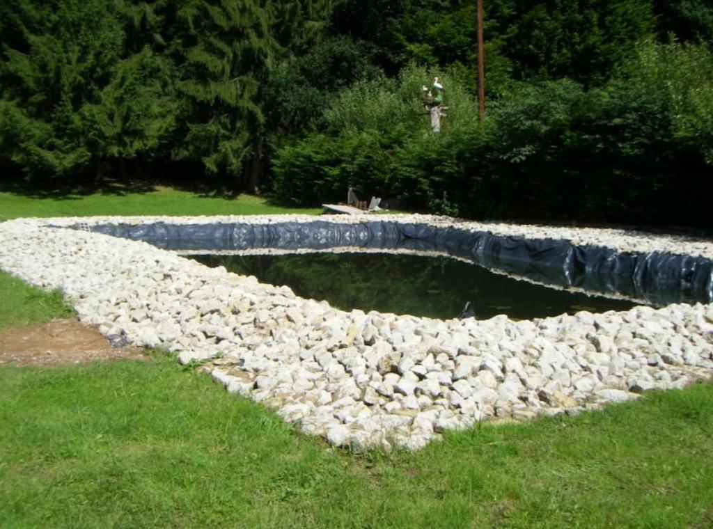a rock wall around a pond in a yard at LA PARENTHÈSE AU PAYS DU VERT in Soucht