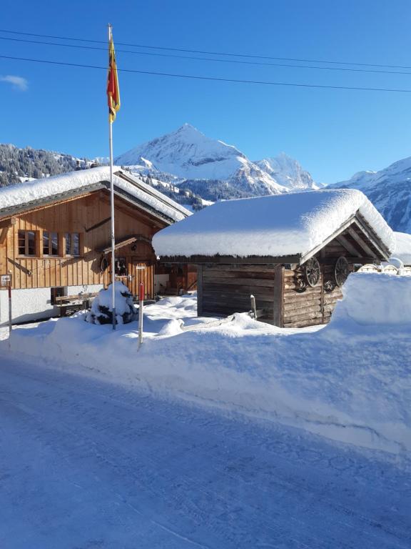ein Blockhaus mit einer Flagge im Schnee in der Unterkunft Gässlihof in Gstaad