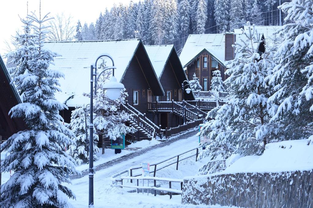 a lodge in the snow with snow covered trees at Bukovel Hotel in Bukovel