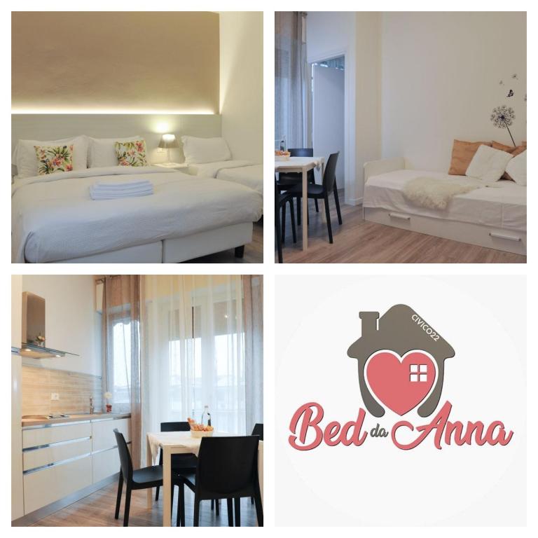 four pictures of a hotel room with a bed and a table at Bed da Anna in Peschiera del Garda