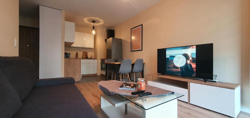 Televízia a/alebo spoločenská miestnosť v ubytovaní APARTAMENT KAZART.PL 5 CENTURM/PLAC UNII