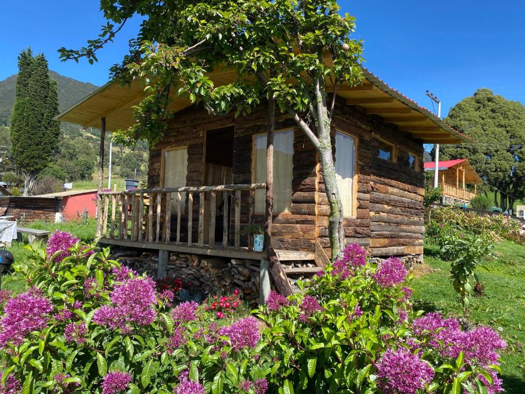 una cabaña de madera con flores delante en Serás Libre Refugio, en Zipaquirá