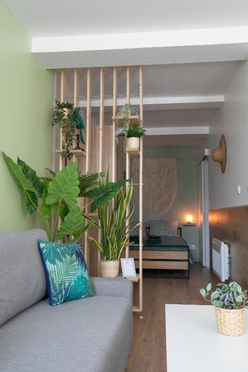un salon avec un canapé et des plantes en pot dans l'établissement Appartement climatisé - Vert Nature - hyper-centre de Toulon, à Toulon