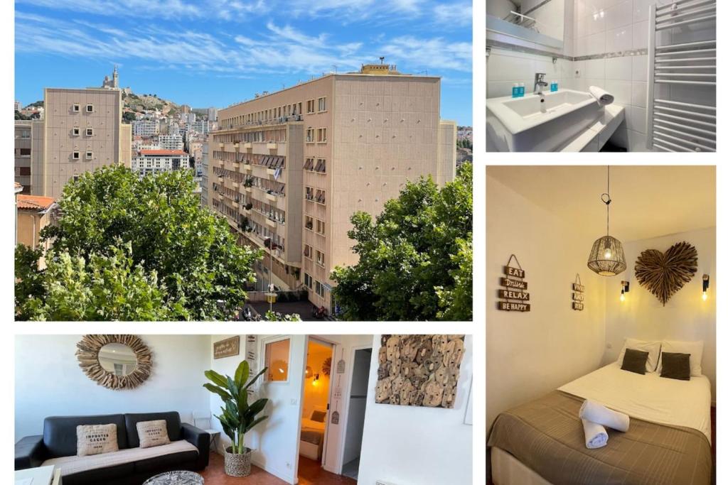 un collage d'images d'une ville avec des bâtiments dans l'établissement appartement près du vieux port dans le quartier du panier, à Marseille