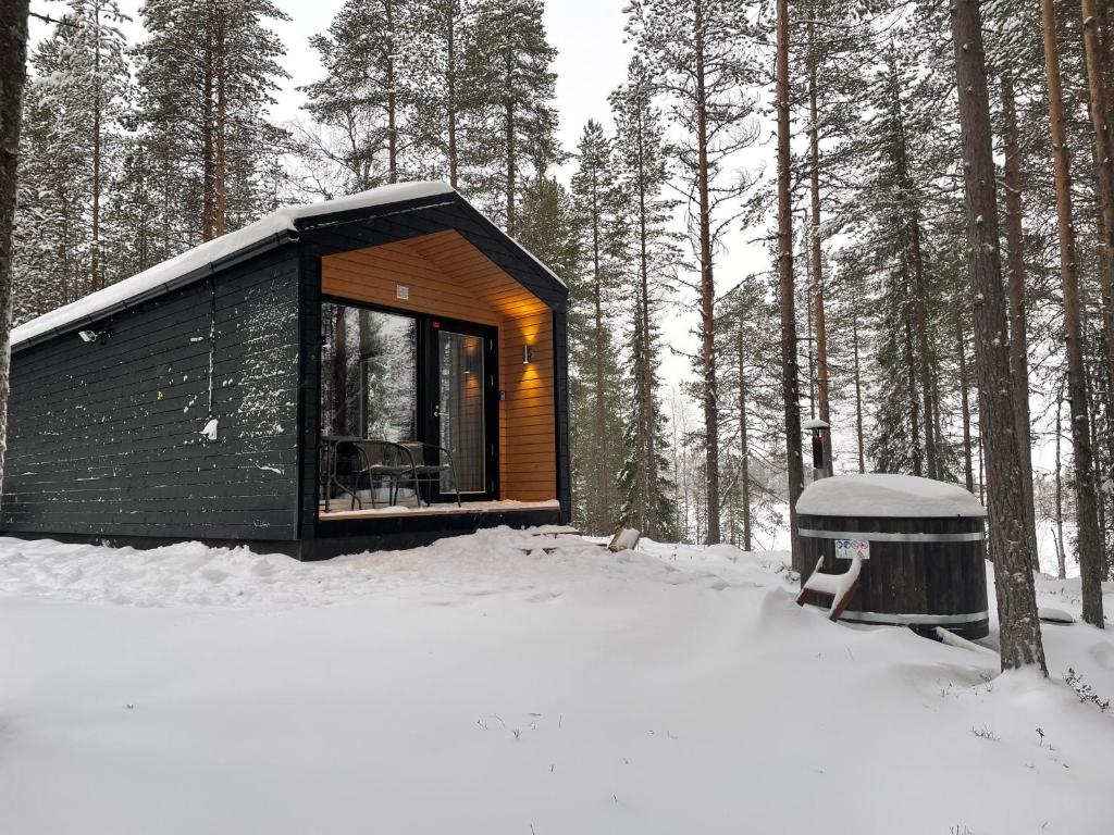 uma cabana negra na floresta na neve em Villa Kutula em Hossa