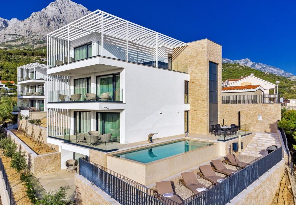 an image of a house with a swimming pool at Luxury Villa Delight I in Promajna with Private Pool, Gym, Sauna & Jacuzzi in Promajna