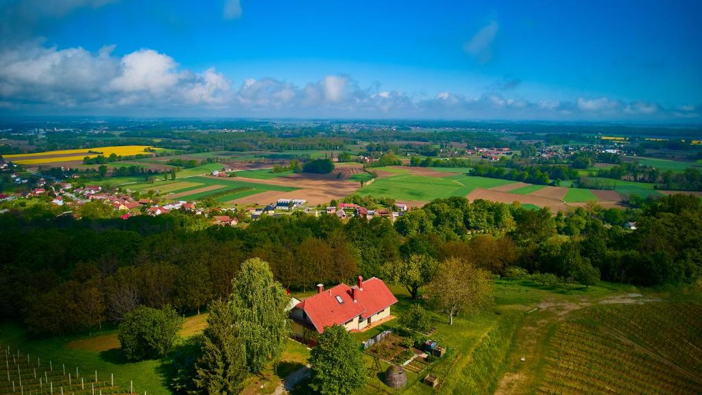 an aerial view of a village with a red roof at Holiday house Podhamer Boris in Presika