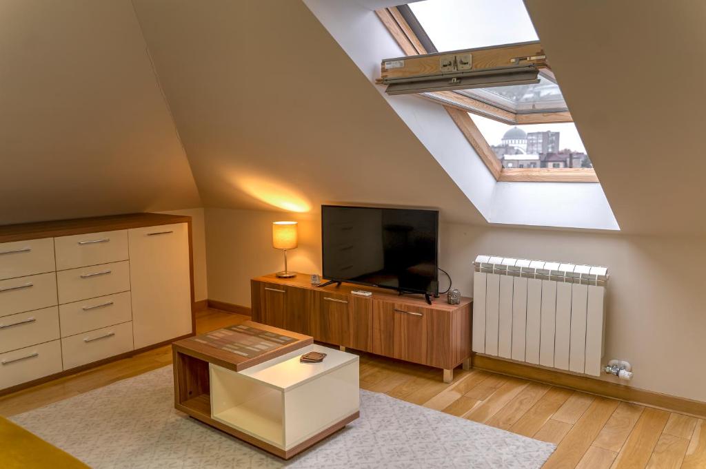a attic living room with a skylight and a tv at Apartman 501 in Vračar (historical)