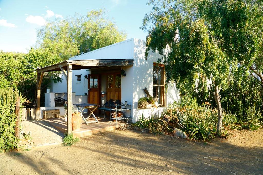 uma pequena casa branca com um alpendre e uma árvore em Aloe Guest House em Prince Albert