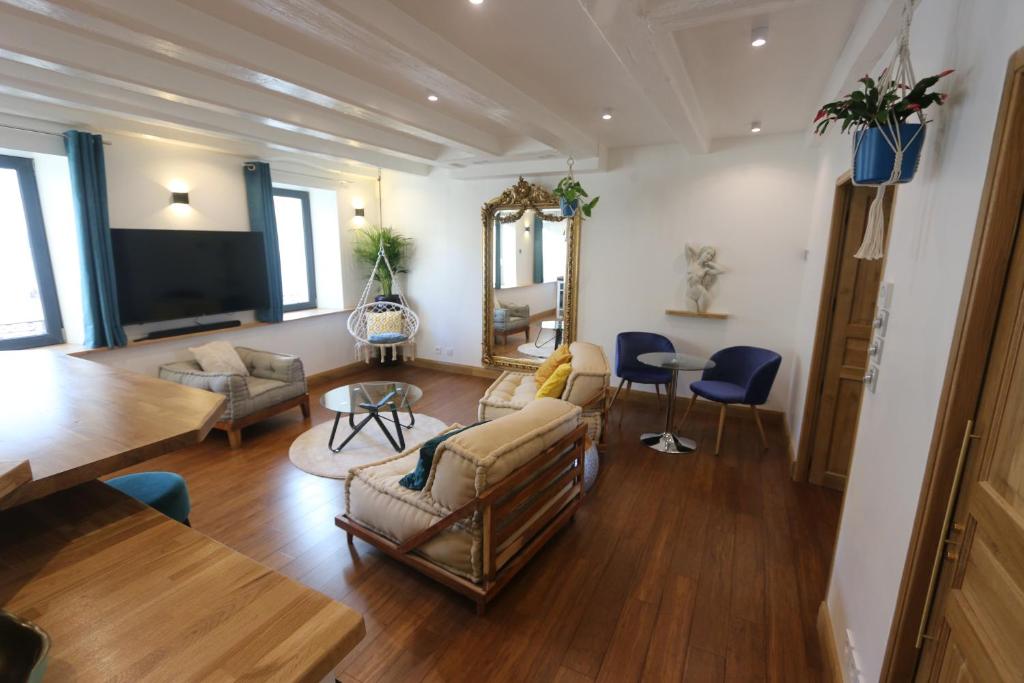 sala de estar con muebles y TV de pantalla plana. en Le cocon aux portes de la place Stanislas, en Nancy